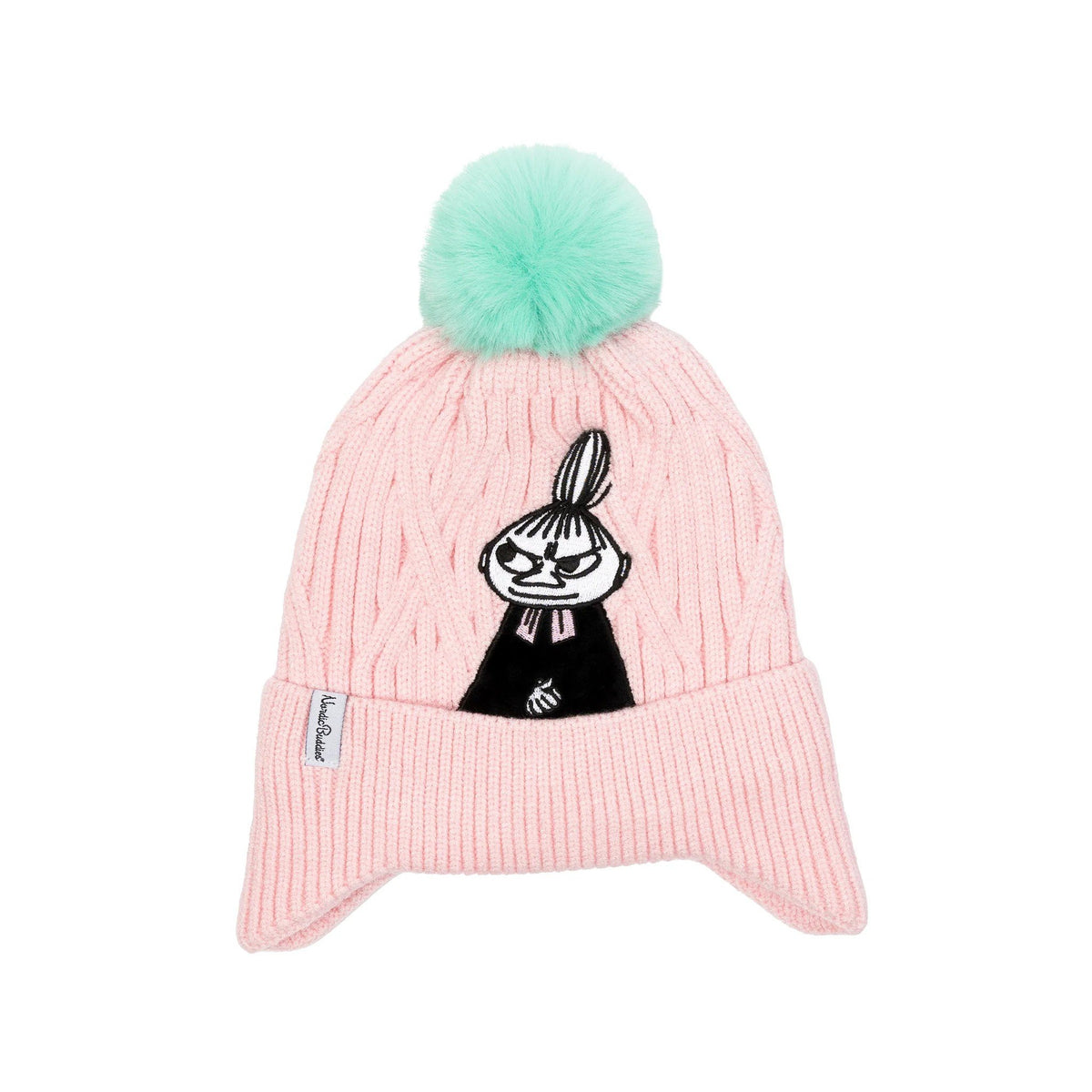 3. Pink Moomin beanie with Little My character and green pom-pom, shown flat with NordicBuddies label