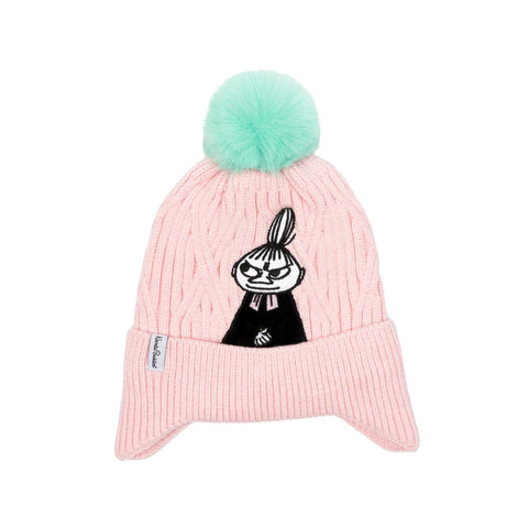 3. Pink Moomin beanie with Little My character and green pom-pom, shown flat with NordicBuddies label