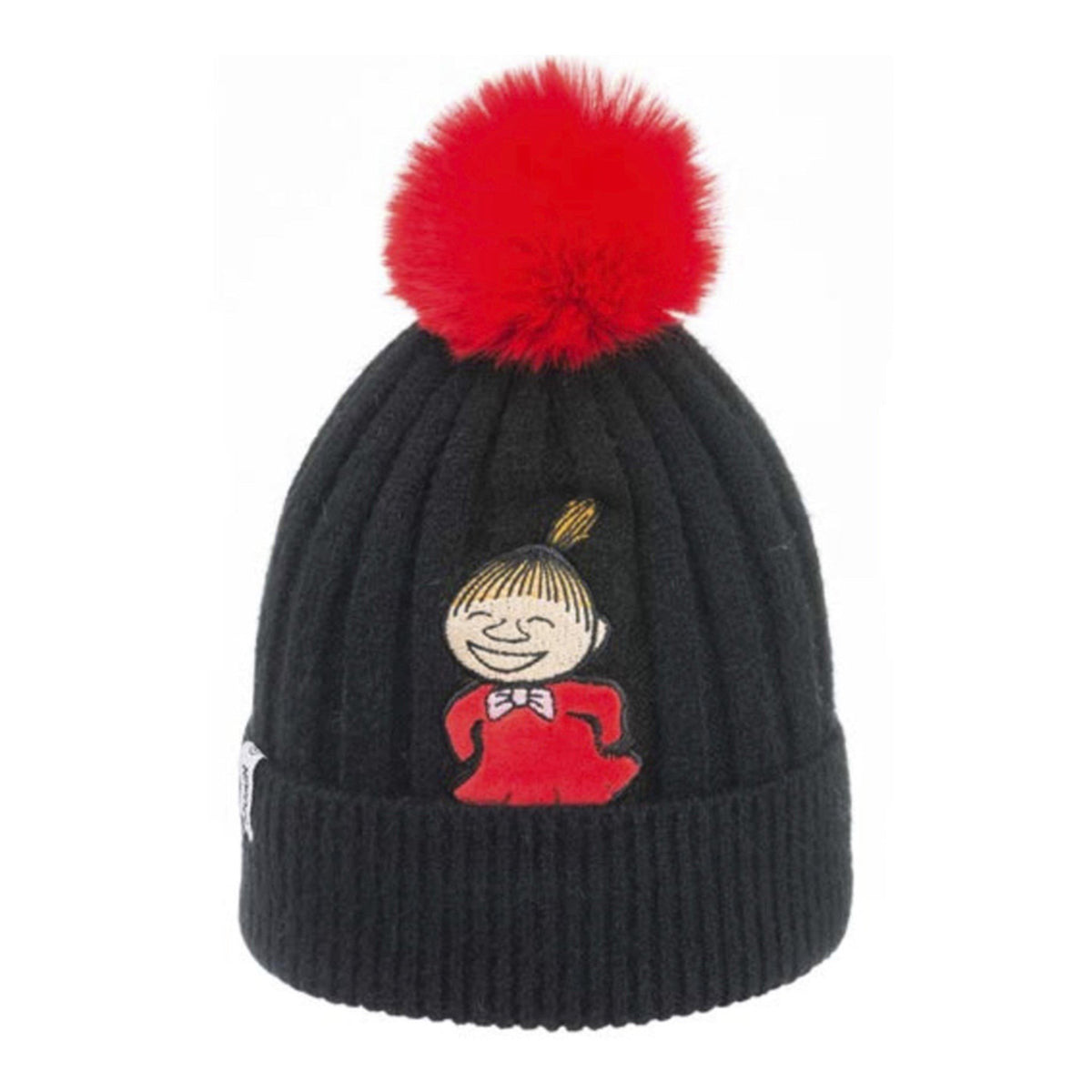 1. Kids' black beanie with red pom-pom featuring Little My character from Moomin, by NordicBuddies