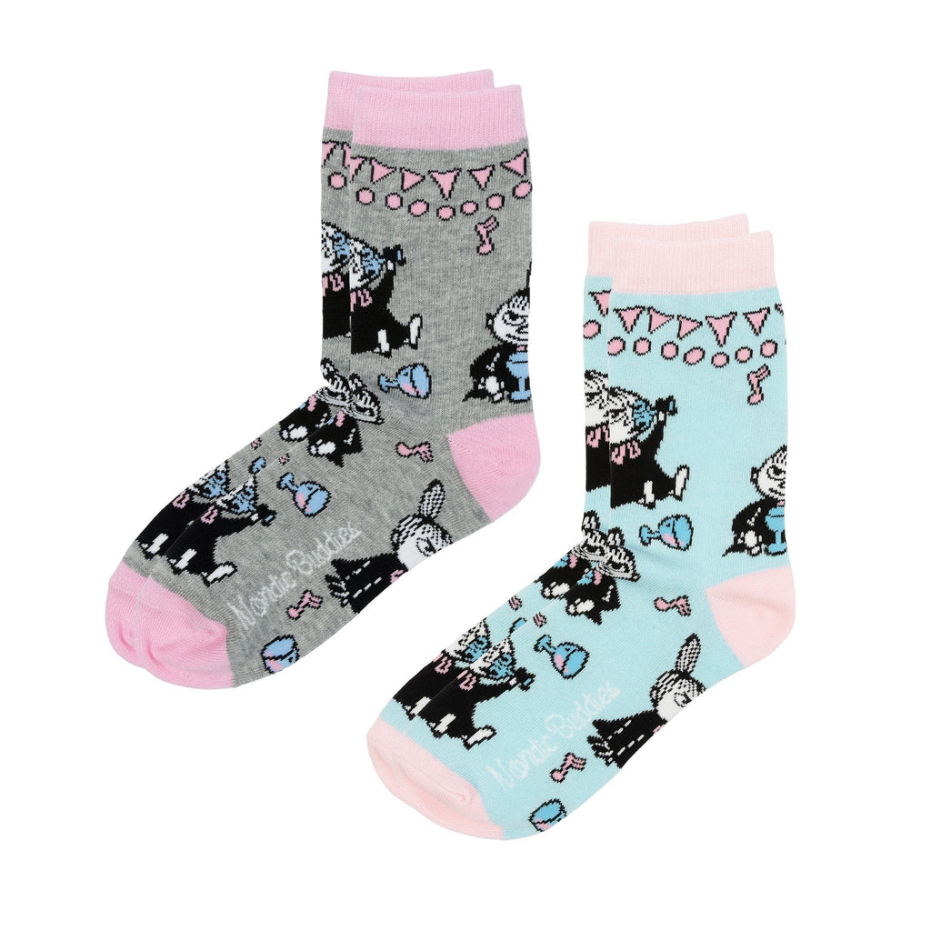 4. Two pairs of socks, one grey and one blue, with Little My character and party motifs, featuring pink cuffs and toes, on a white background