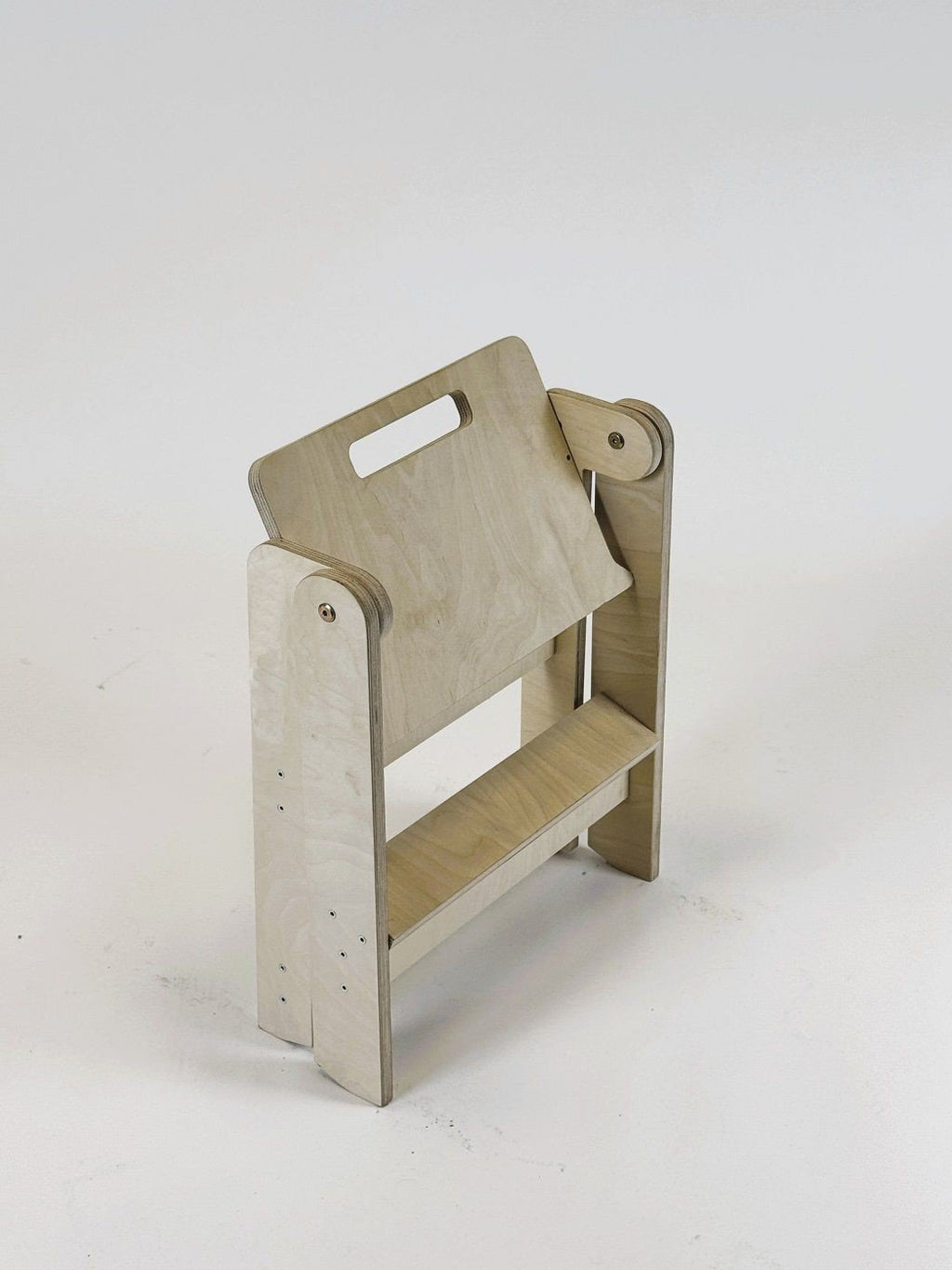 3. Folded wooden step stool with beige sides and natural wood steps on white background