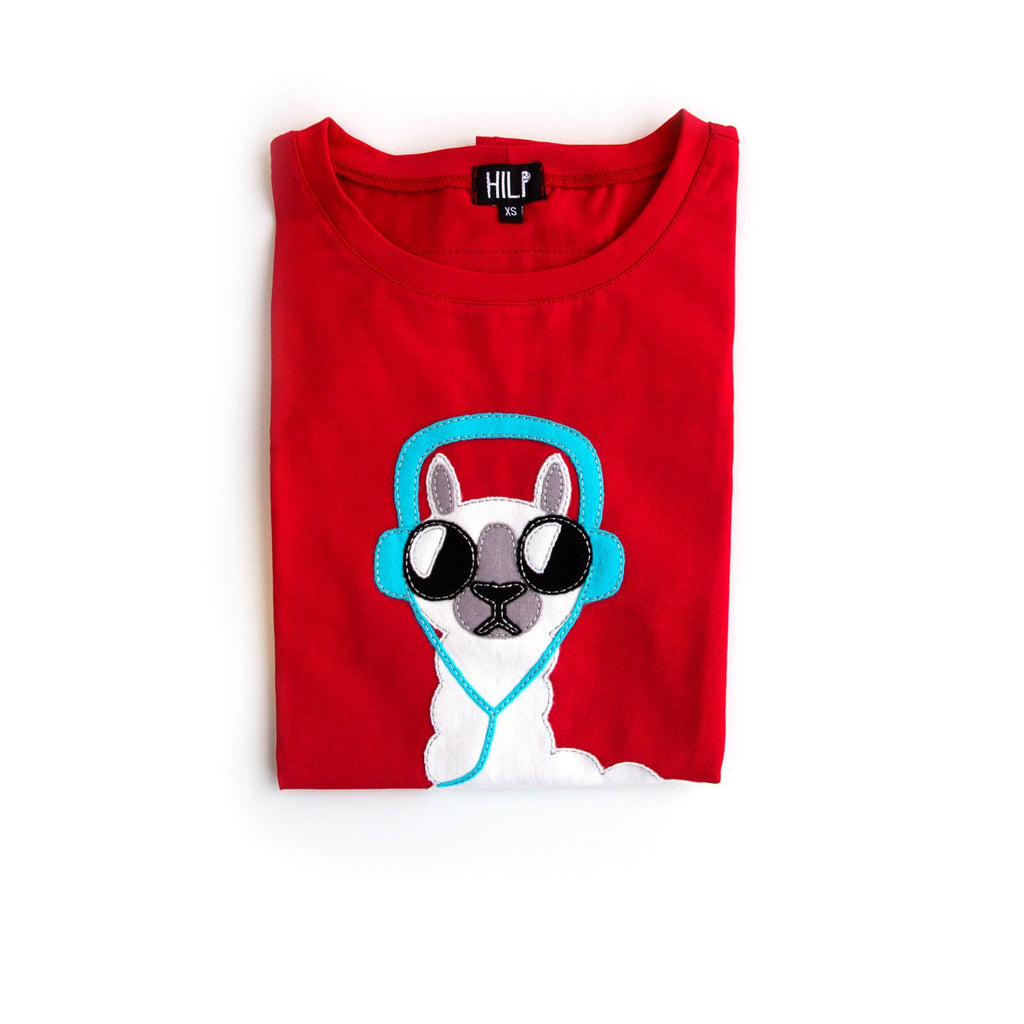 2. Close-up of folded red No Drama Llama T-shirt by HILP with llama design, size XS