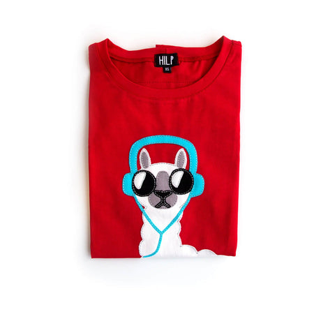 2. Close-up of folded red No Drama Llama T-shirt by HILP with llama design, size XS
