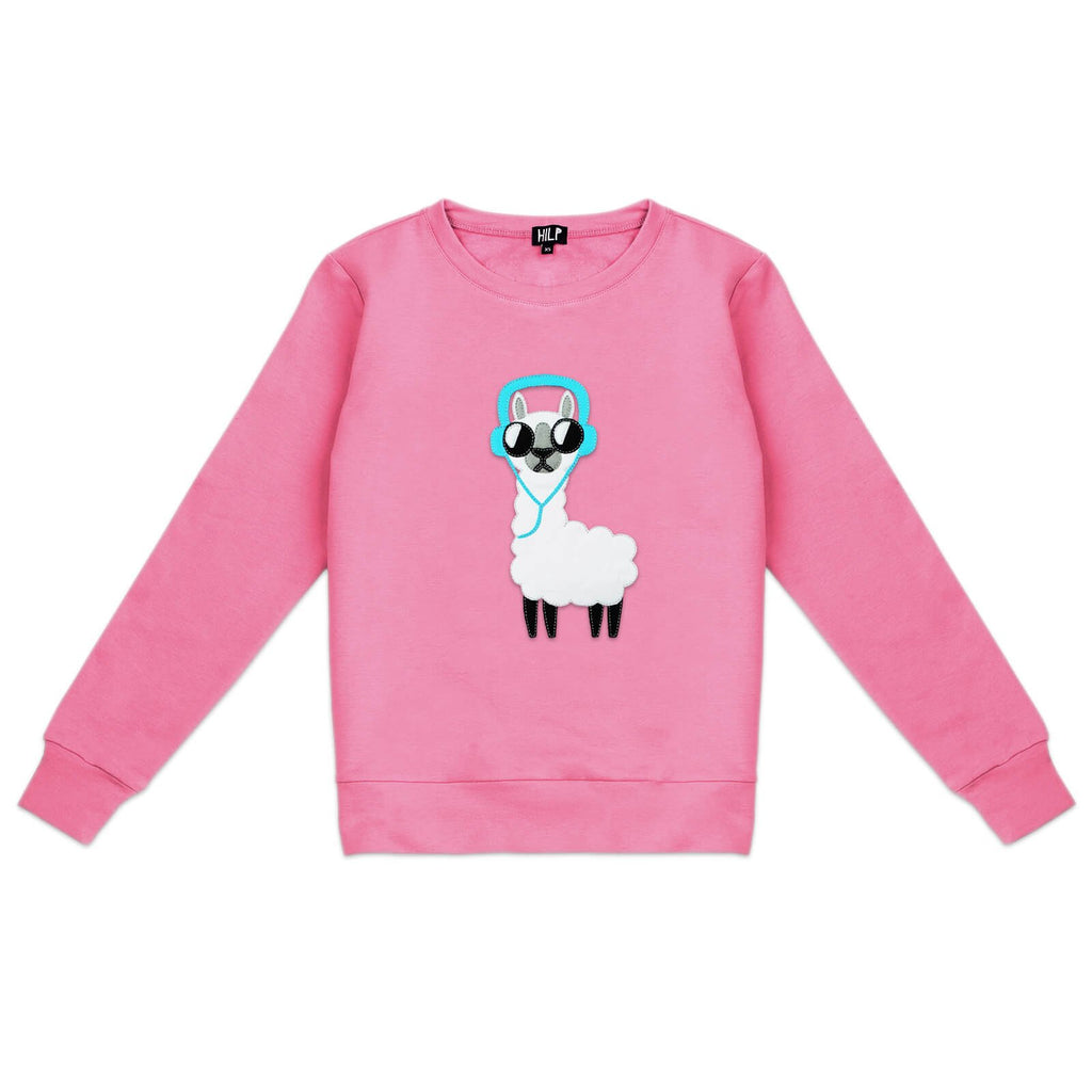 3. Women's pink No Drama Llama sweatshirt by HILP, showcasing a fun llama design, studio image