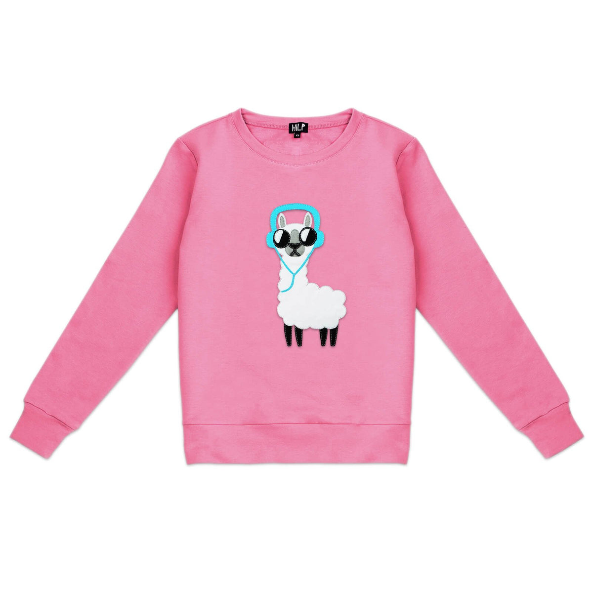 3. Women's pink No Drama Llama sweatshirt by HILP, showcasing a fun llama design, studio image