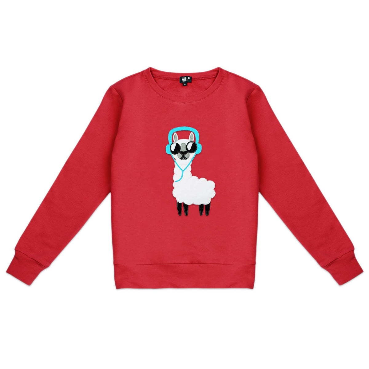 4. Women's red No Drama Llama sweatshirt by HILP, highlighting a cute llama motif, studio photo