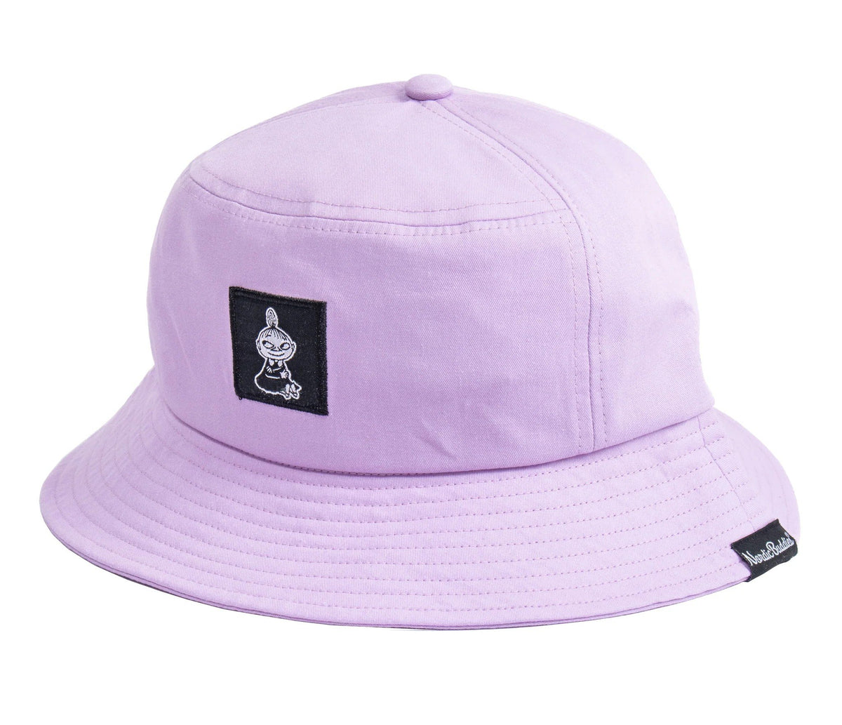 3. Studio shot of lilac Little My bucket hat by Moomin, showing embroidered patch