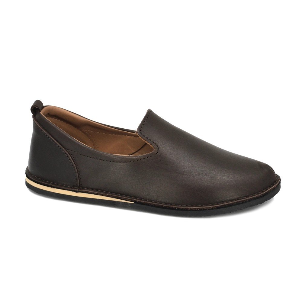 1. Studio image of Omaking TOKU London Classic Shoes in dark brown leather, side view showcasing slip-on design and flexible outsole