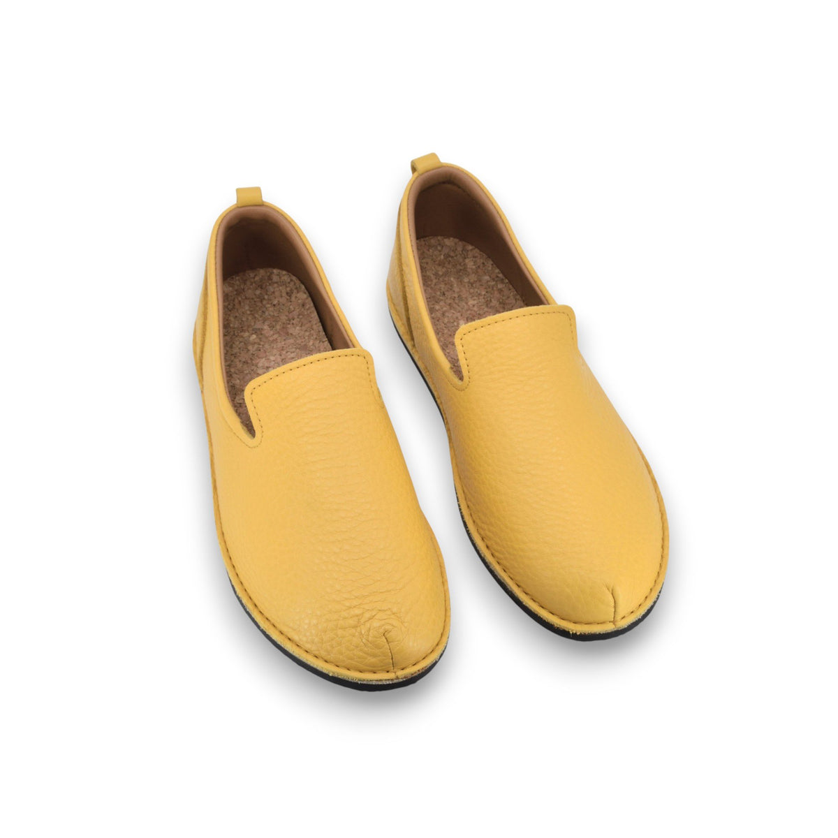 2. Top view of Omaking TOKU London Classic Shoes in yellow leather, showing pair with cork insole