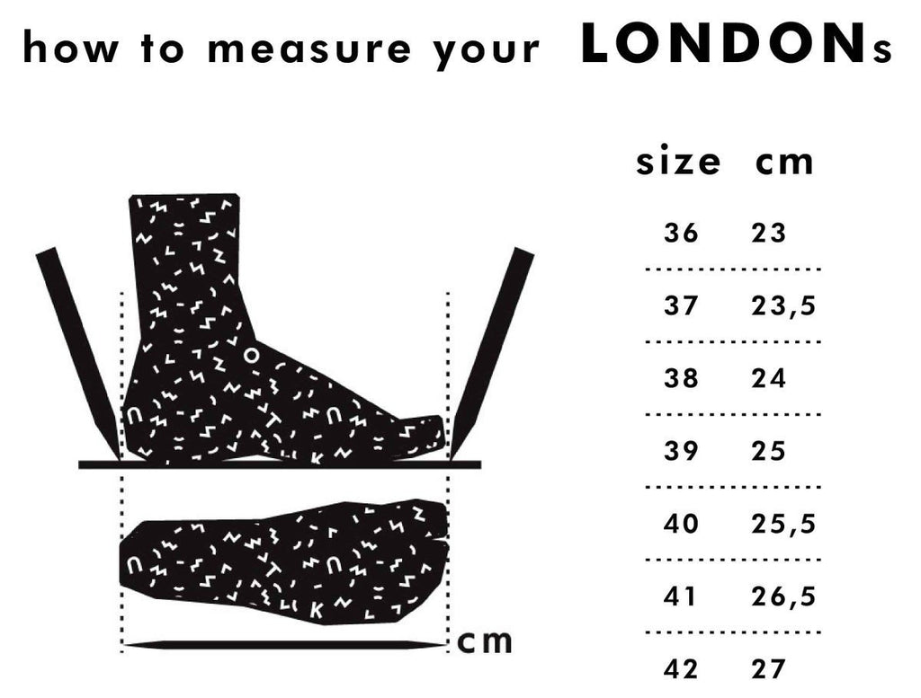 5. Size chart for TOKU London Classic Shoes, showing foot measurements in centimeters for sizes 36 to 42