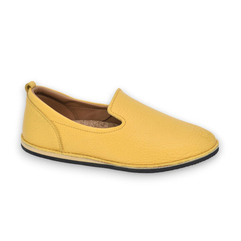 1. Studio shot of Omaking TOKU London Classic Shoes in vibrant yellow leather, side view
