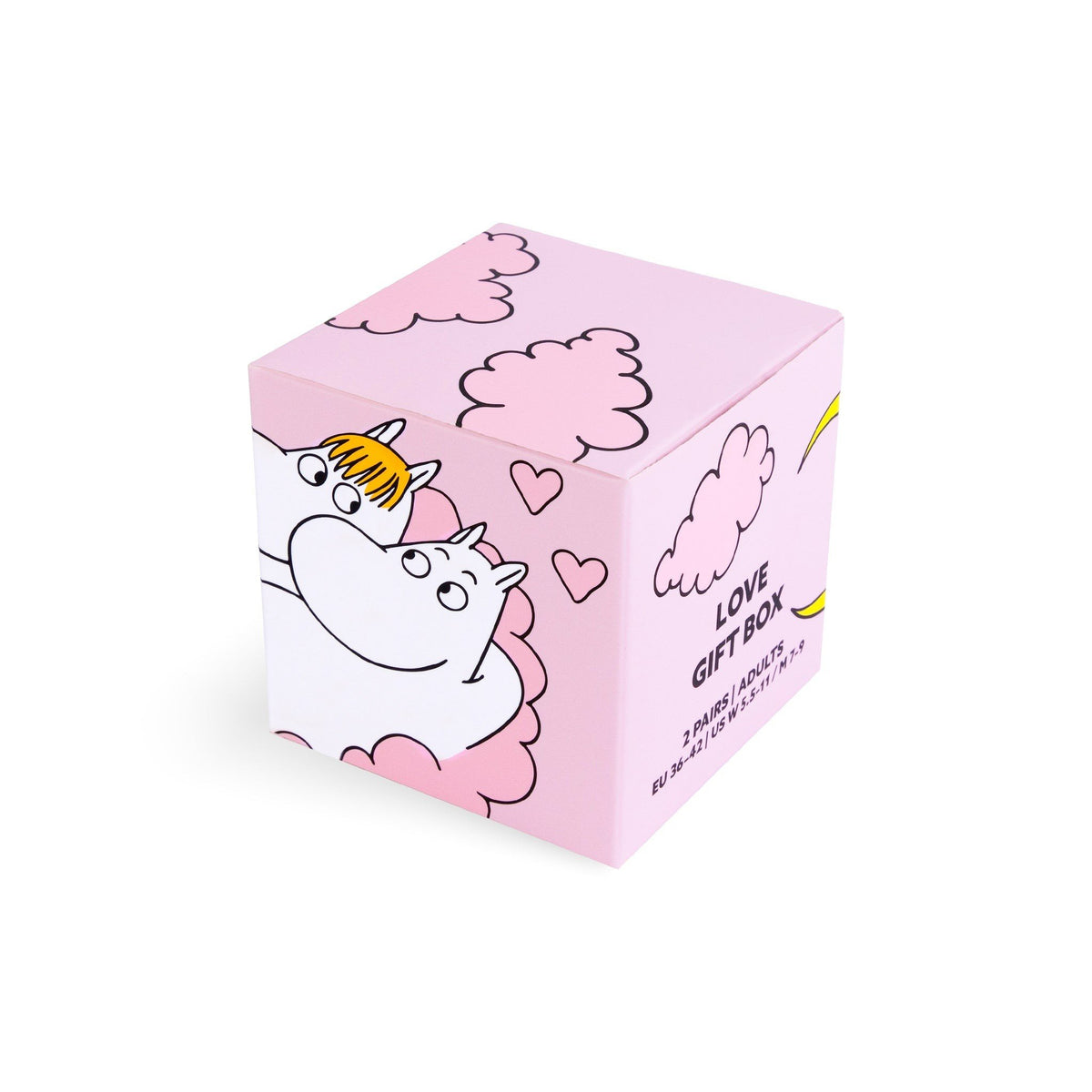 3. Pink Moomin Love Gift Box with cloud and heart illustrations, featuring Moomin characters