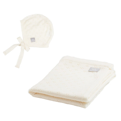 5. White merino wool baby bonnet and blanket set on a white background