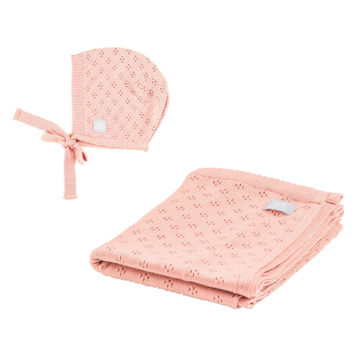 6. Pink merino wool baby bonnet and blanket set on a white background