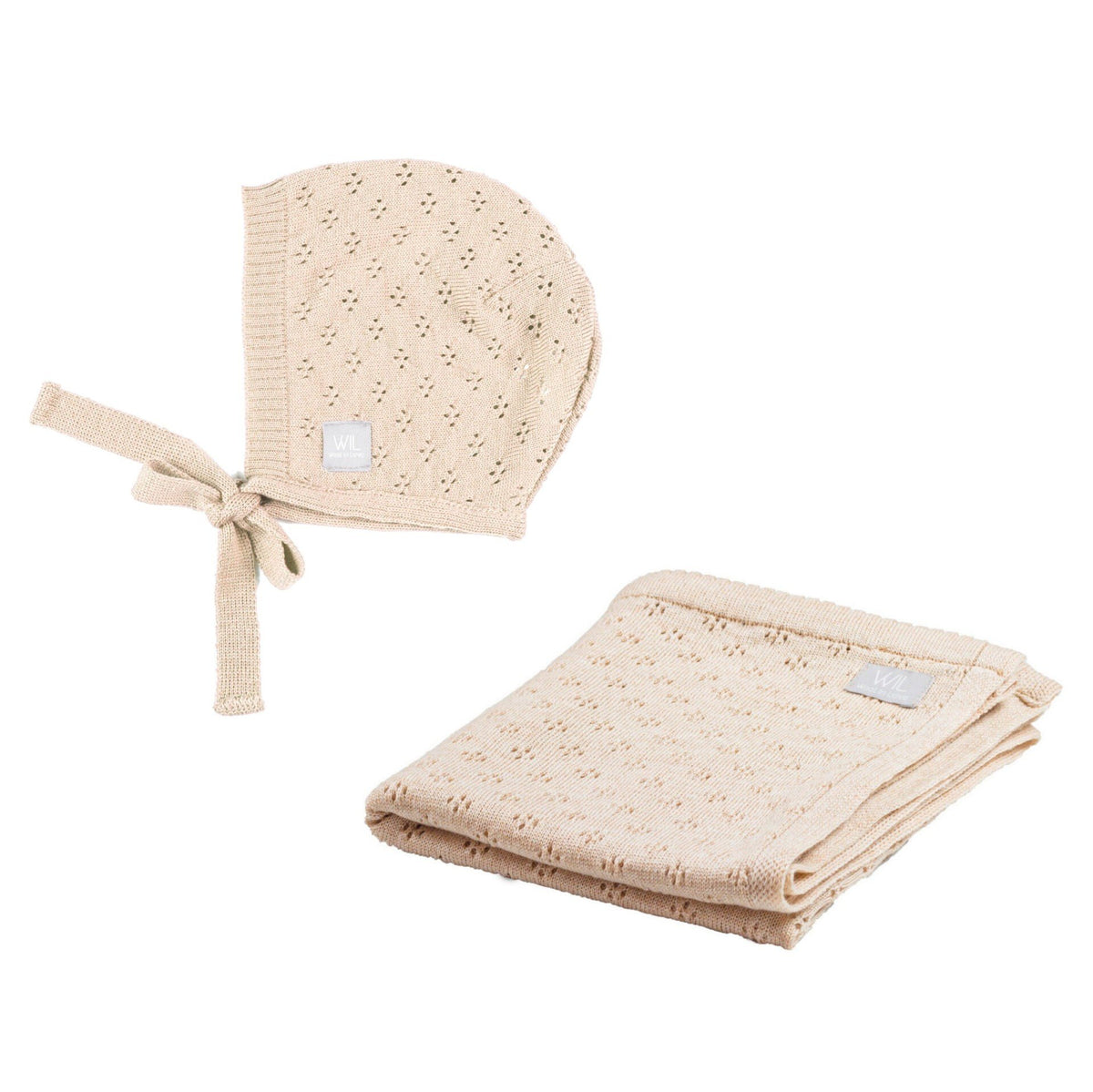 4. Beige merino wool baby bonnet and blanket set on a white background