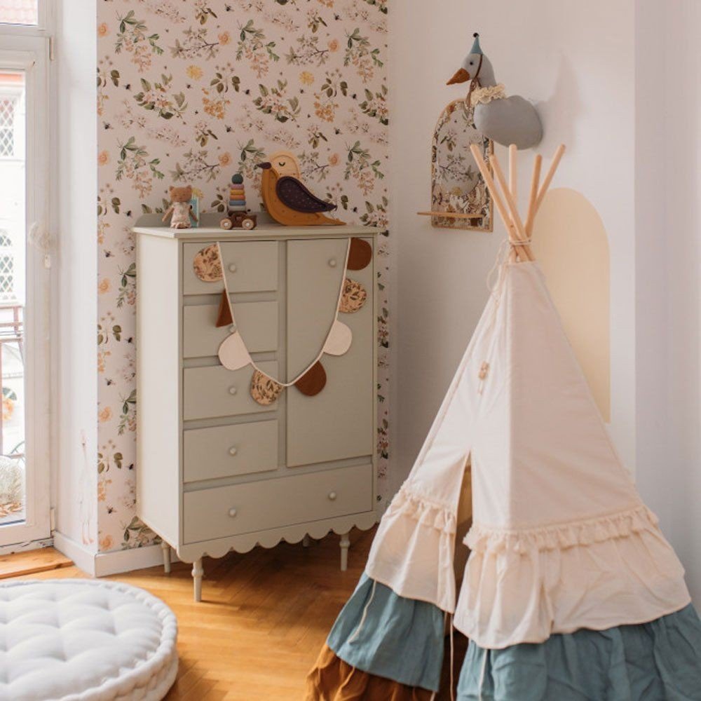 2. Cozy children's room with Dekornik Lovely Bee Orchard wallpaper, a white dresser, and a play tent