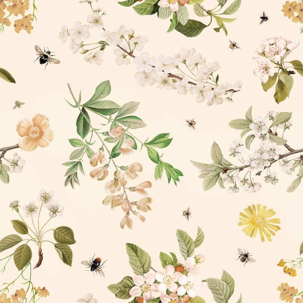 3. Close-up of Dekornik Lovely Bee Orchard wallpaper featuring delicate jasmine and apple blossom with bees on a light salmon background