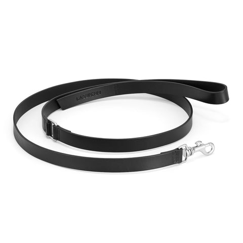 2. Black leather Lussa leash by Labbvenn with silver metal clasp shown on white background highlighting sleek design and craftsmanship