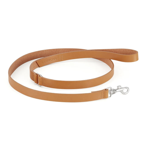 2. Camel leather Lussa leash by Labbvenn with silver clasp on white background, showing brand logo