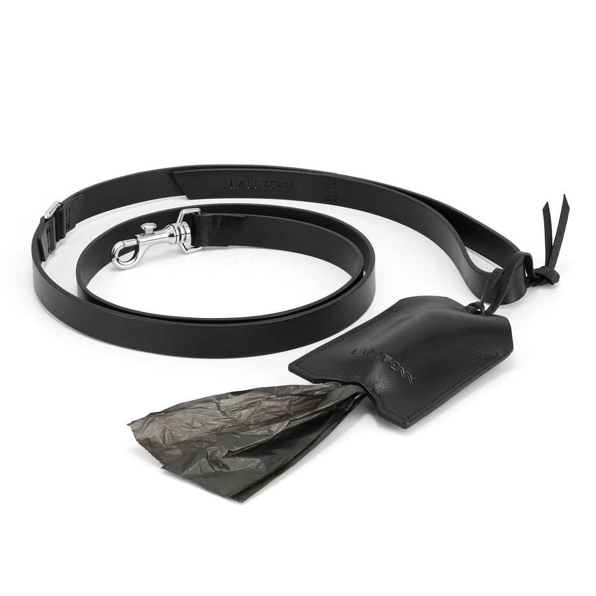 2. Black Lussa leash and Saku bag dispenser made from natural Italian leather with metal accessories, shown on a white background