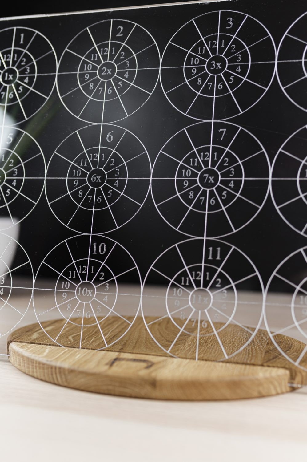 2. Close-up of LUULA multiplication board showing detailed laser-engraved tables on clear acrylic with wooden base