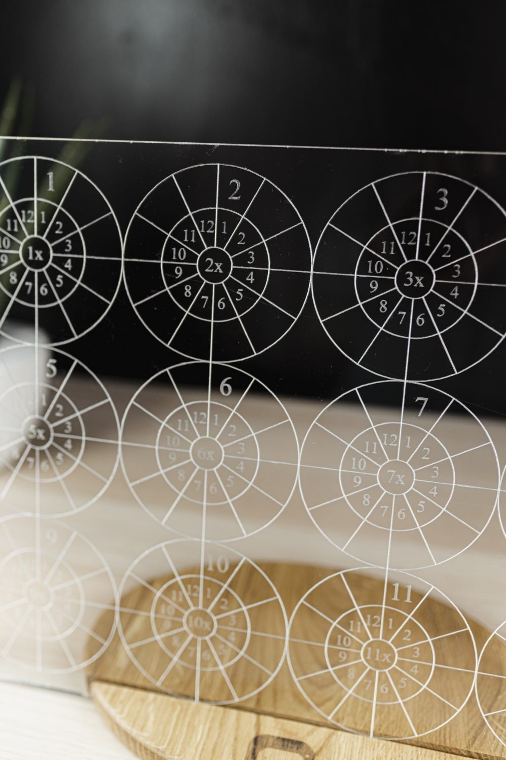 4. LUULA multiplication board showing 1x to 7x tables on clear acrylic with wooden base