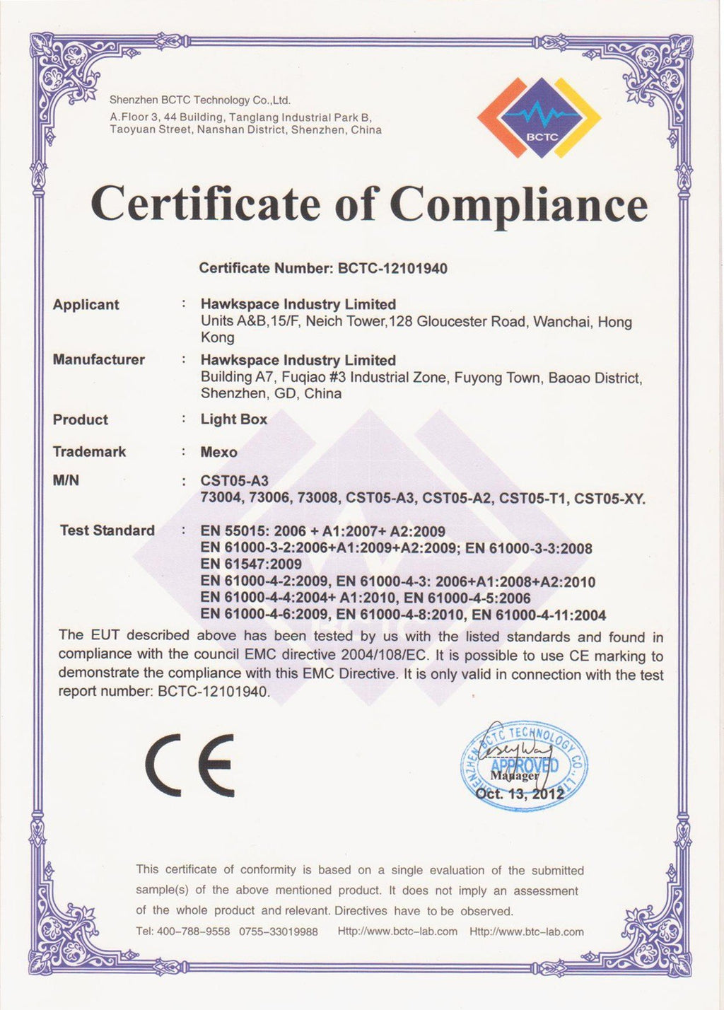 5. Certificate of compliance for Luula light board showing safety standards and CE mark