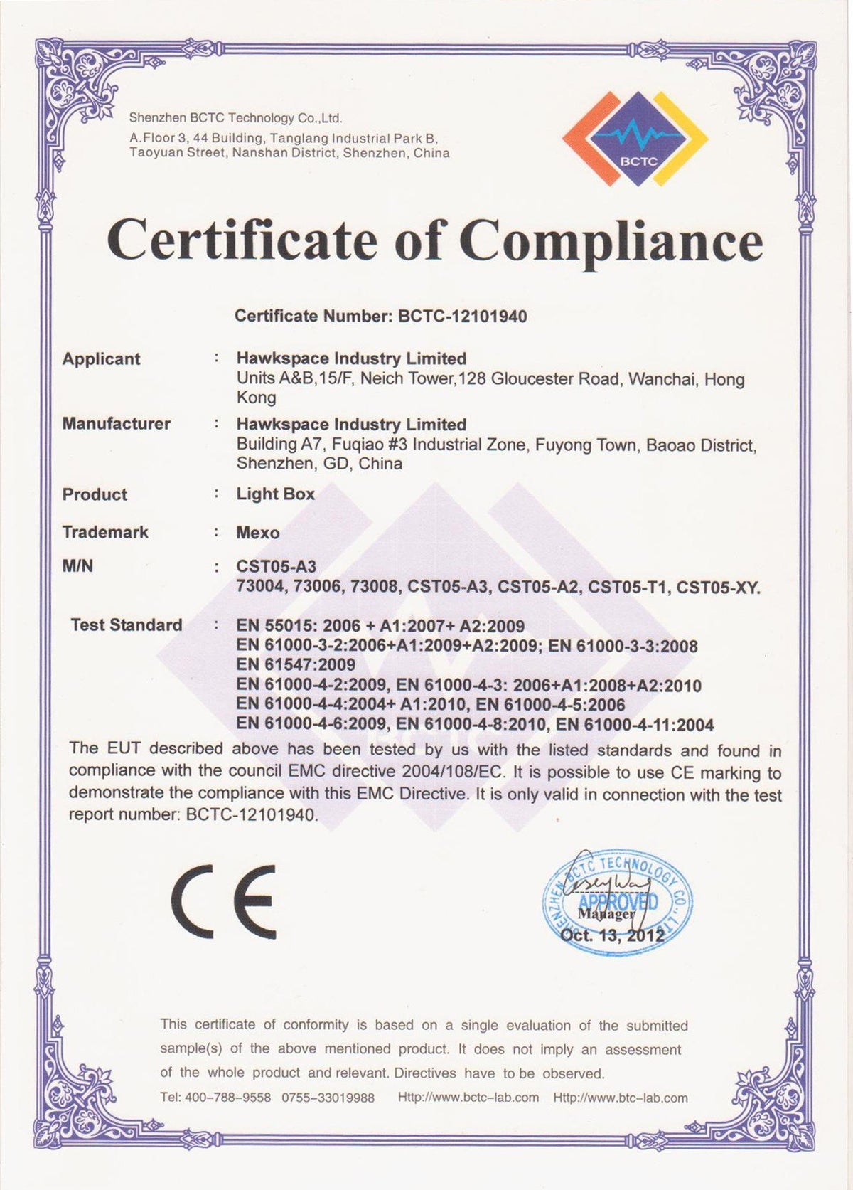 5. Certificate of compliance for Luula light board showing safety standards and CE mark