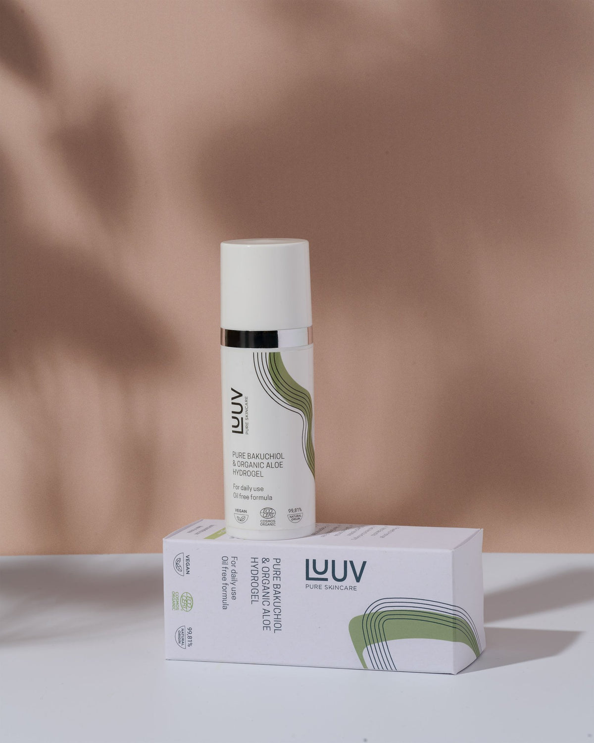 1. LUUV Pure Bakuchiol & Organic Aloe Hydrogel bottle and packaging in lifestyle setting, showcasing eco-friendly skincare