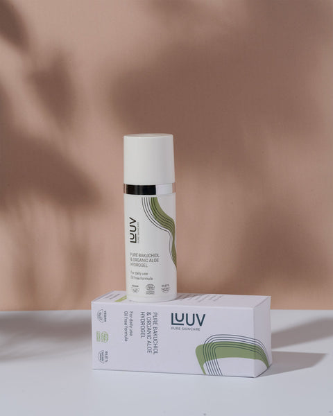 1. LUUV Pure Bakuchiol & Organic Aloe Hydrogel bottle and packaging in lifestyle setting, showcasing eco-friendly skincare