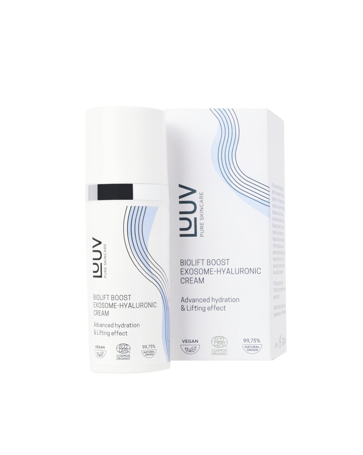 2. LUUV BioLift Exosome-Hyaluronic Cream with packaging, highlighting vegan and organic certification