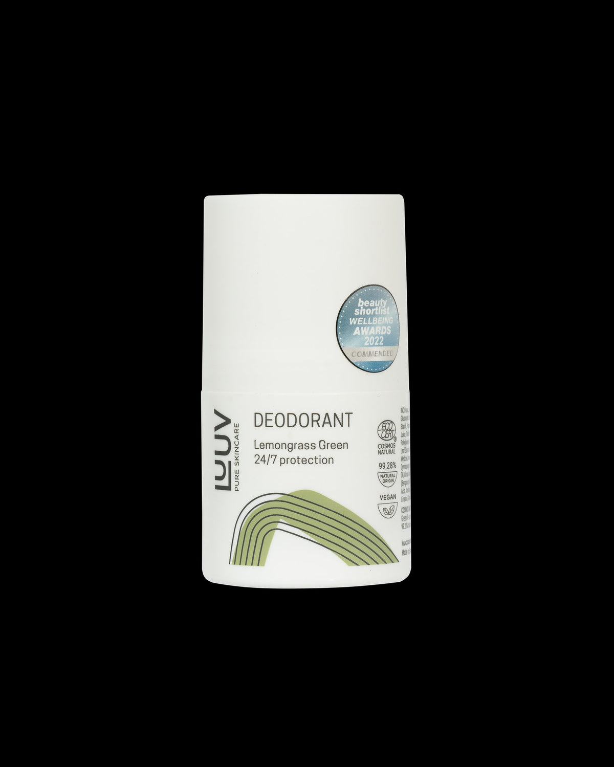 1. LUUV unisex deodorant in lemongrass green, 50ml, with 24/7 protection, shown in studio setting