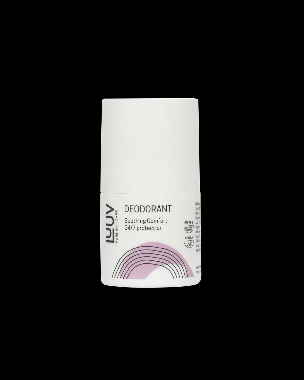 1. LUUV Soothing Deodorant 50ml with 24/7 protection, vegan formula, and mild floral scent, shown in studio