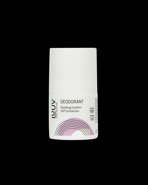 1. LUUV Soothing Deodorant 50ml with 24/7 protection, vegan formula, and mild floral scent, shown in studio