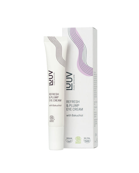 2. LUUV Refresh & Plump Eye Cream with Bakuchiol shown with packaging, featuring vegan and organic certification logos