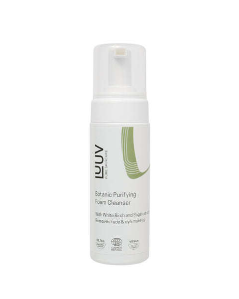 2. LUUV Botanic Purifying Foam Cleanser in studio, highlighting COSMOS NATURAL certification