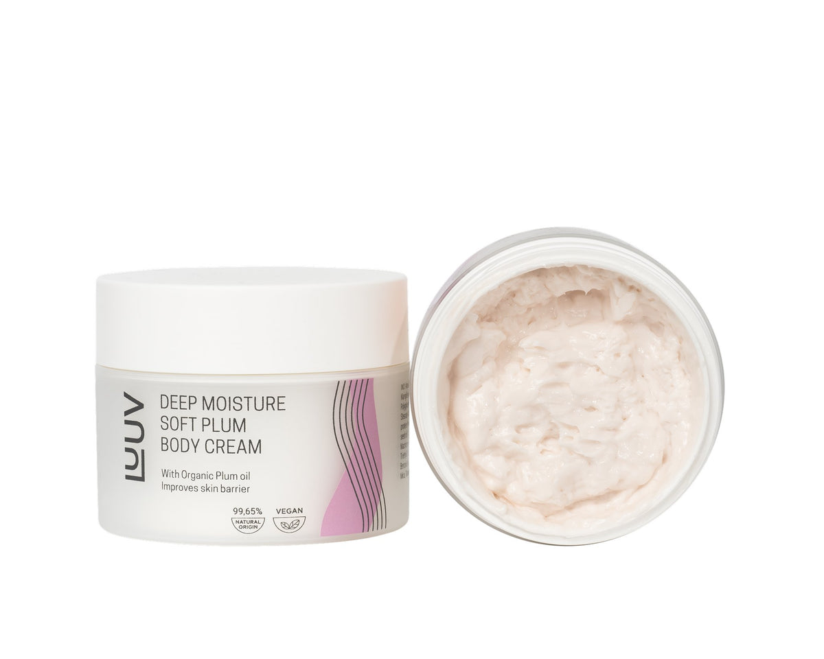 5. Studio shot of LUUV Deep Moisture Soft Plum Body Cream with open lid, showing light foamy texture