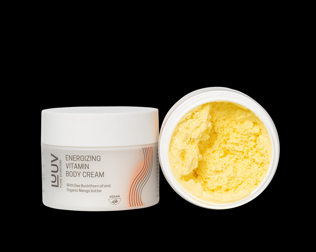 5. LUUV Energizing Vitamin Body Cream with Sea Buckthorn and Mango Butter, shown with floral decoration in lifestyle setting