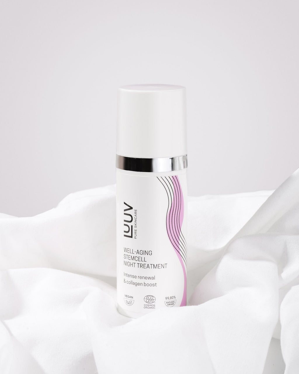1. LUUV Well-aging Stemcell Night Treatment bottle on white fabric, highlighting intense renewal and collagen boost