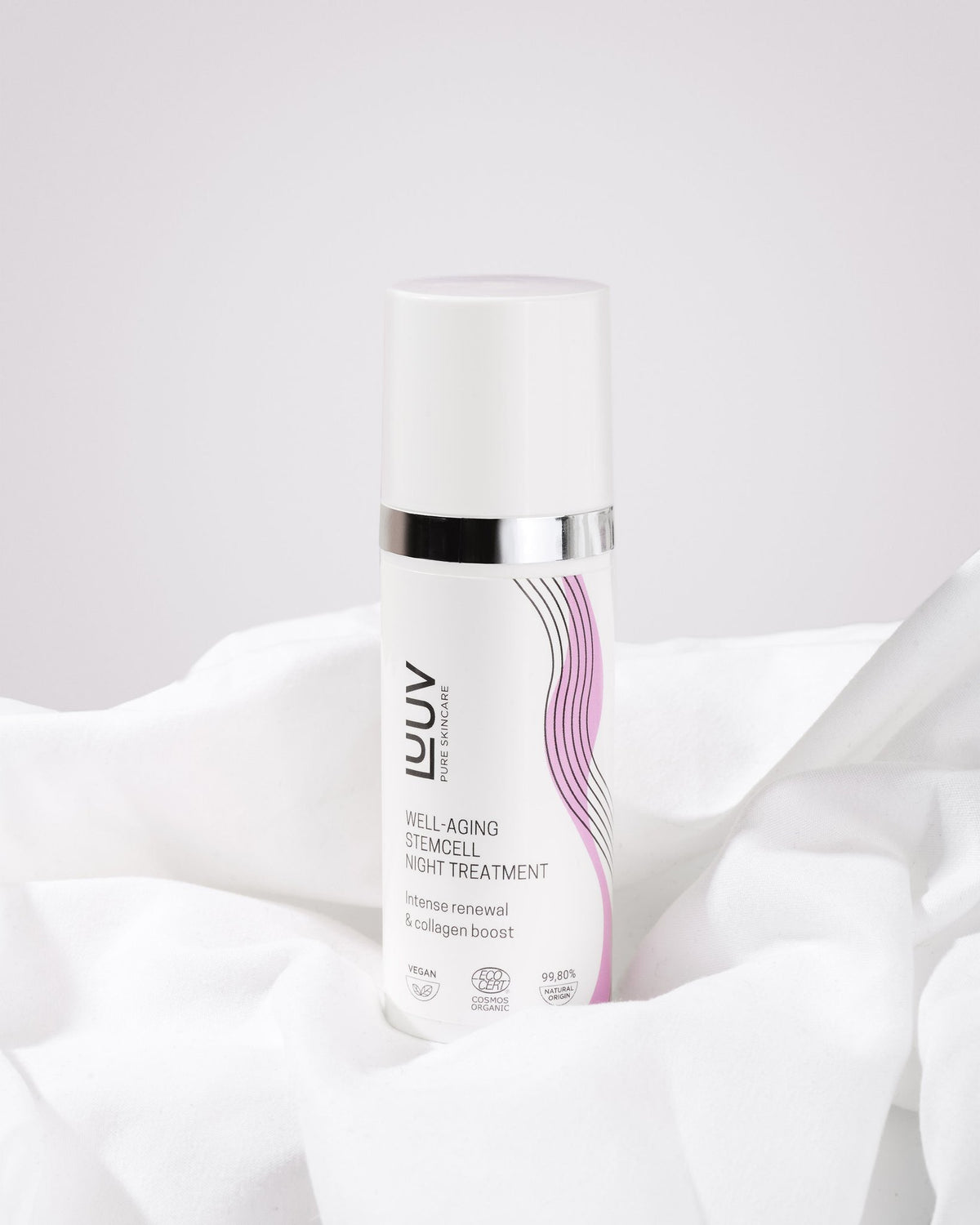1. LUUV Well-aging Stemcell Night Treatment bottle on white fabric, highlighting intense renewal and collagen boost