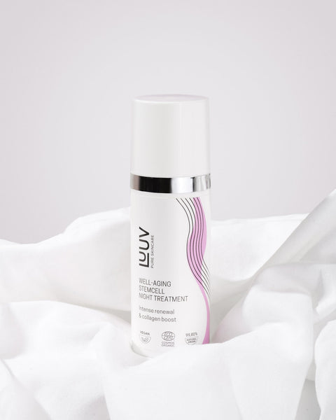 1. LUUV Well-aging Stemcell Night Treatment bottle on white fabric, highlighting intense renewal and collagen boost