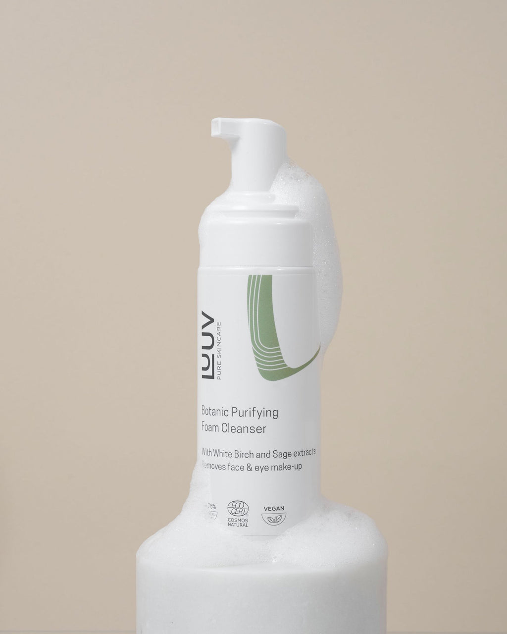 1. LUUV Botanic Purifying Foam Cleanser with sage and birch extracts, shown with foam on bottle