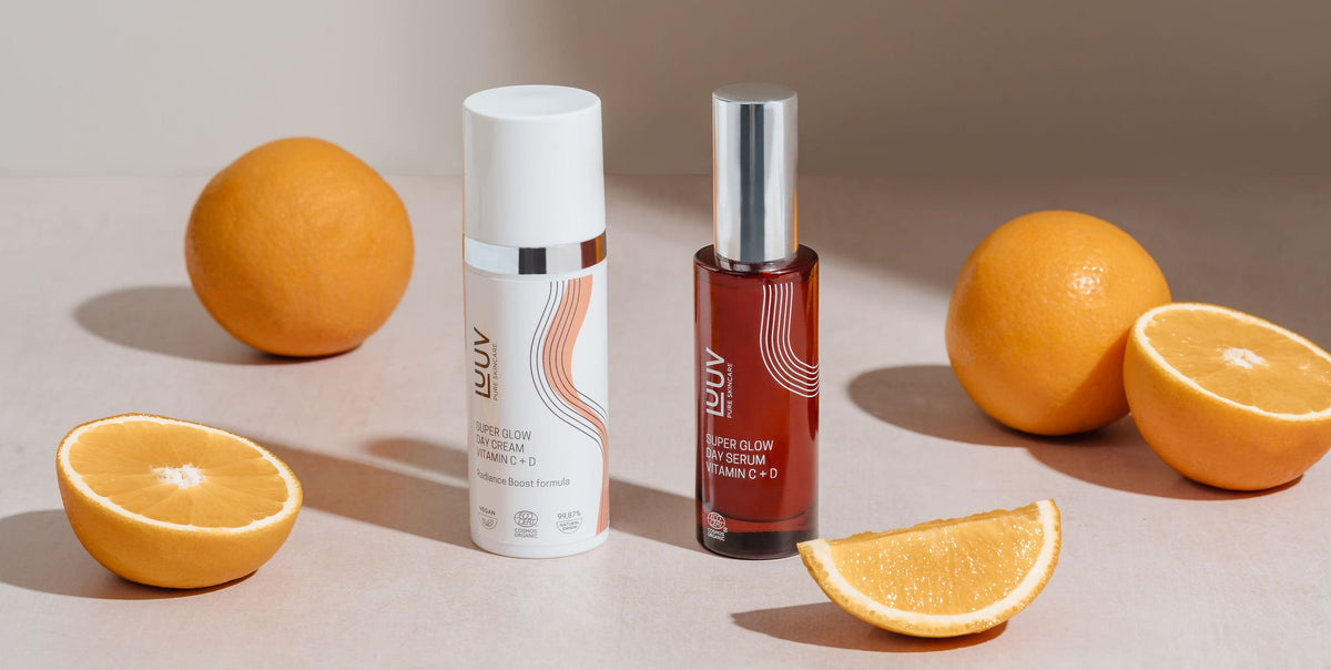 2. LUUV Super Glow Day Cream and Serum with Vitamin C + D, displayed with oranges for enhanced skin vitality