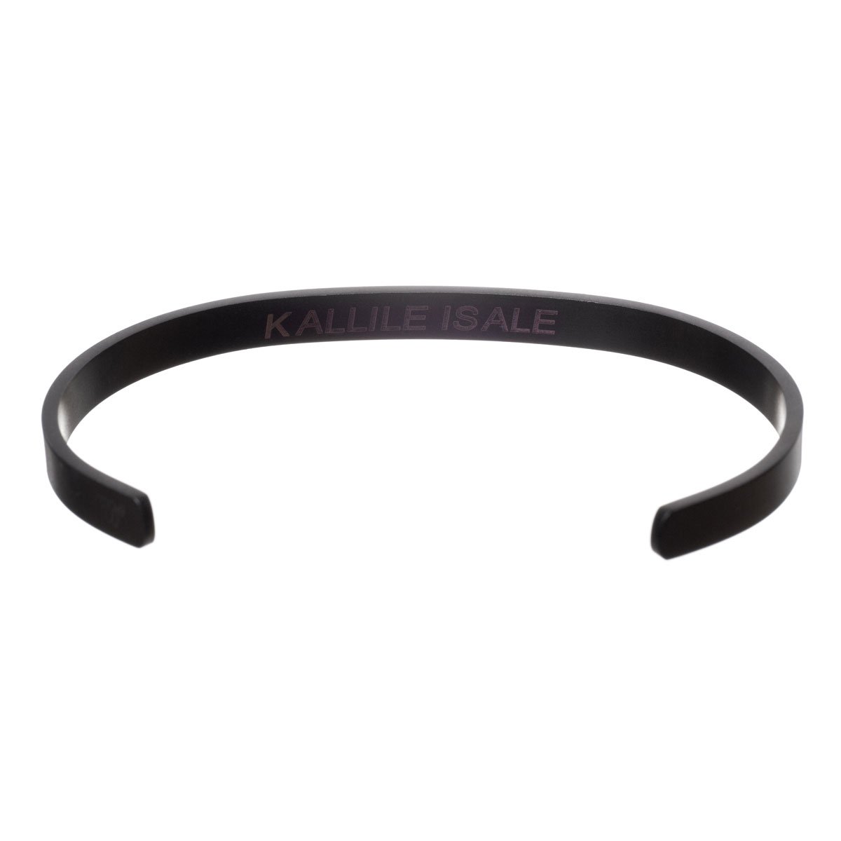 2. Men's black bracelet with engraved text 'KALLILE ISALE' on a white background