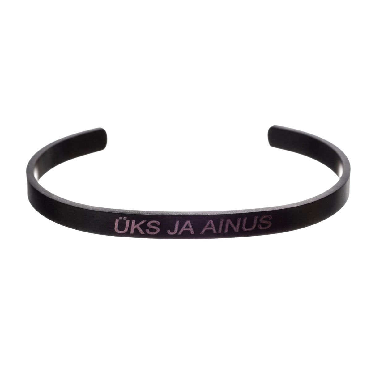 2. Men's black bracelet with engraved text 'ÜKS JA AINUS' on a white background