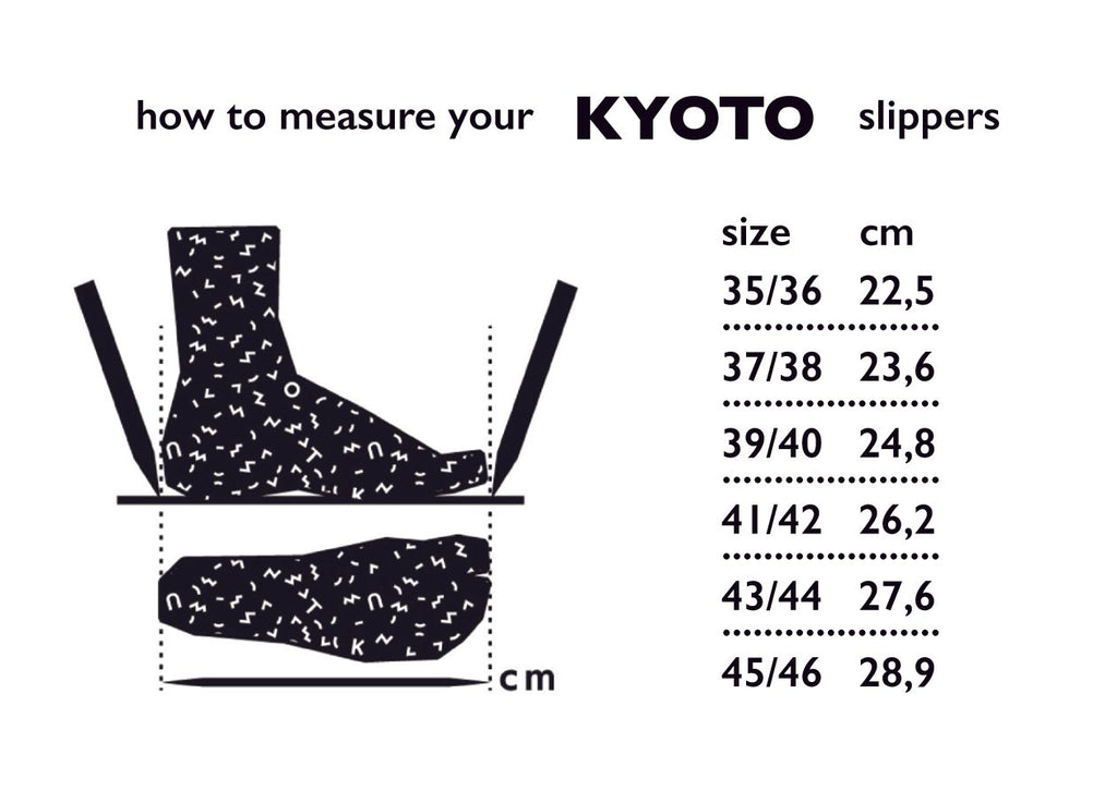 6. Size chart for Kyoto slippers by Omaking, showing measurements in cm for sizes 35-46