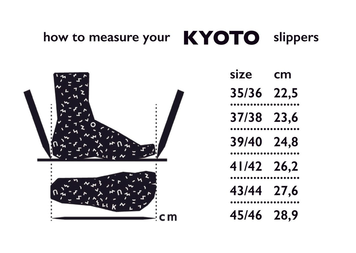 7. Size chart for Kyoto slippers by Omaking, showing sizes 35-46 in cm