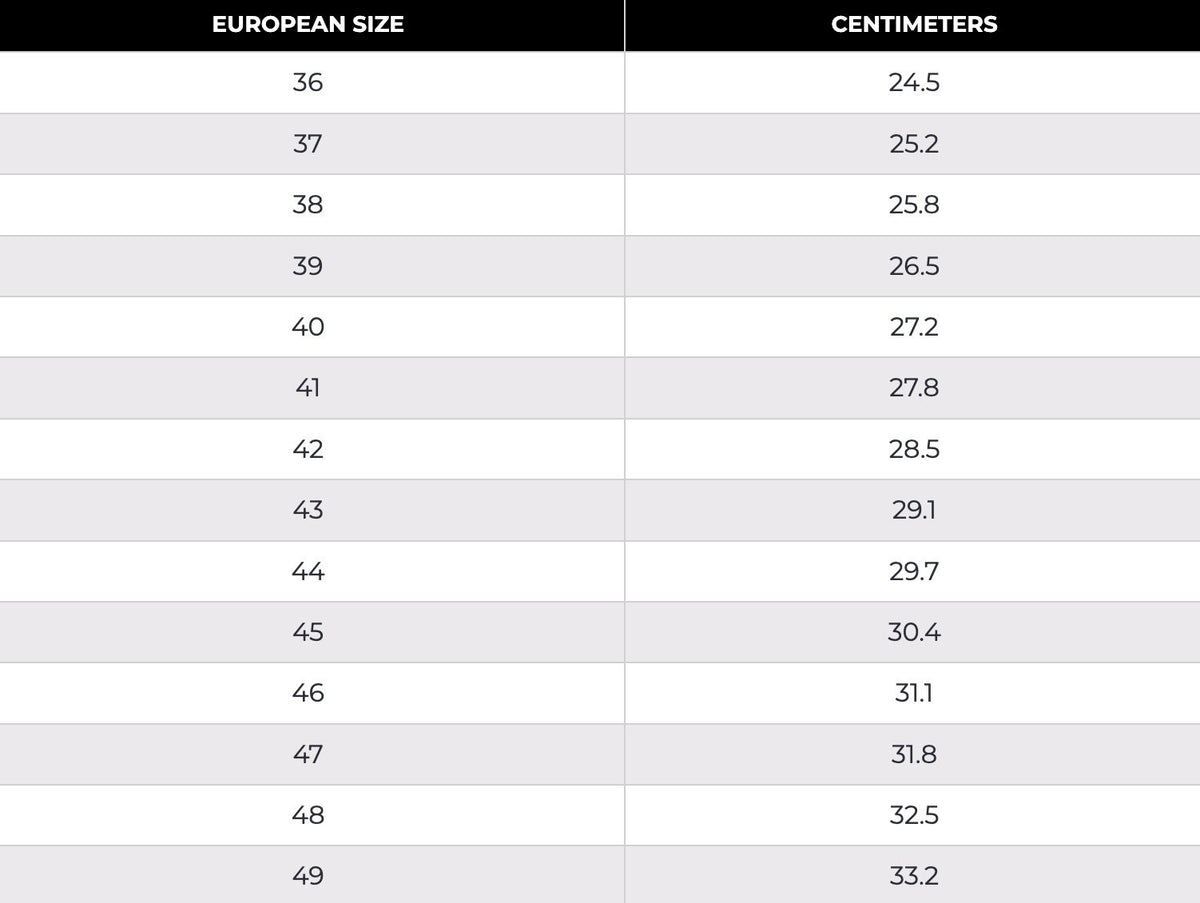 6. Size chart for M77 Norwegian Combat Boots by Samelin, showing European sizes 36 to 49 with centimeter conversion
