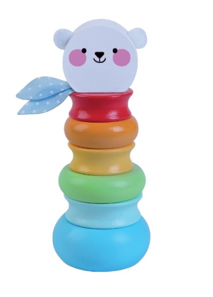 2. Gerardo's Toys colorful bear stacking toy with blue scarf and rainbow rings on white background