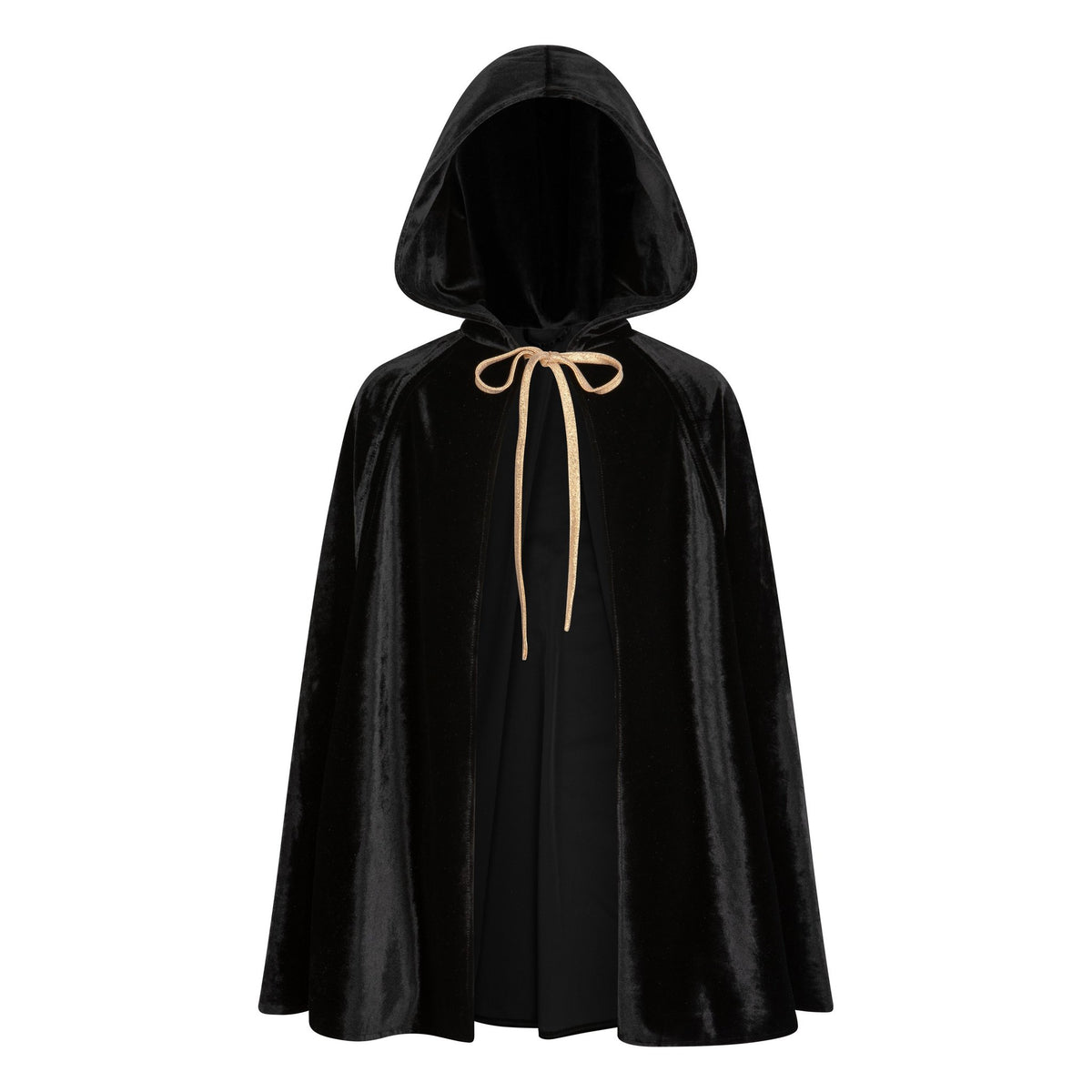 4. Black velour cape with deep hood and laces on a white background